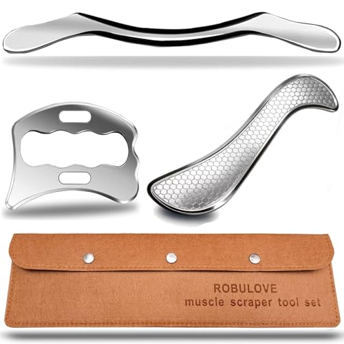 Stainless Steel Muscle Scraper Tool Set, 3-Piece IASTM Physical Therapy Kit, Manual Soft Tissue Massage Tools for Myofascial Release 14inch Long bar(Double Edge) - style: Robulove-D5