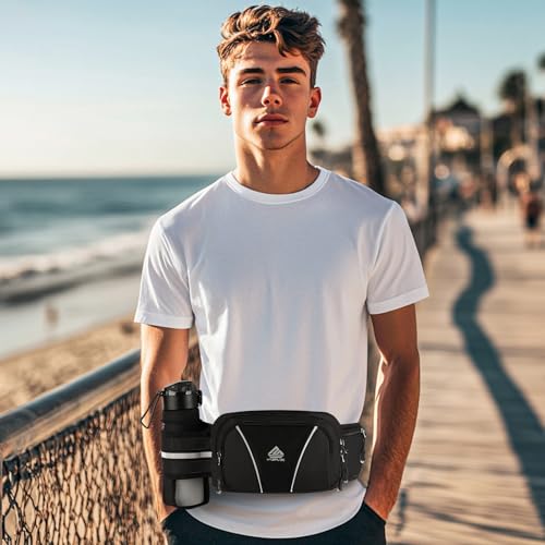 Fanny Pack for Men Women Waist Bag with Water Bottle Holder for Hiking, Travel,Dog Walking, Workout (Black) - color: Black