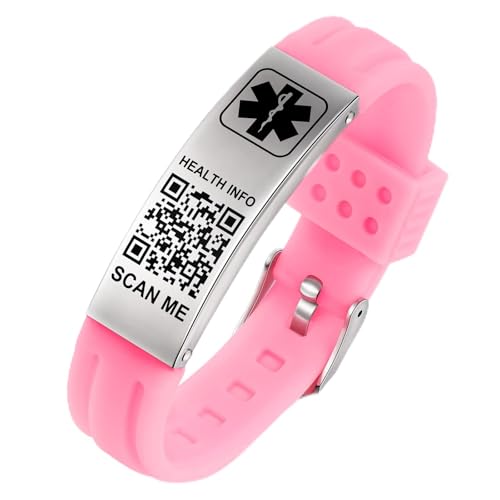 Medical Bracelets for Men Women with QR Code Medical Alert ID Bracelets - color: Sakura Pink Silver