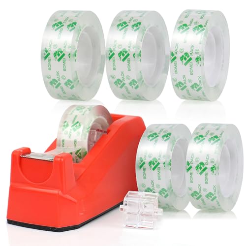 BOMEI PACK Tape Dispensers Desk, 1 Pack Red with 6Rolls Transparent Tape Refills, 1 Inch Core, for Gift Wrapping, School, Office and Home