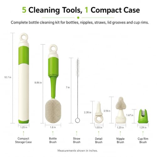 Baby Bottle Brush Set, 5 Cleaning Tools, Integrated Travel Storage, Green - color: Green & White