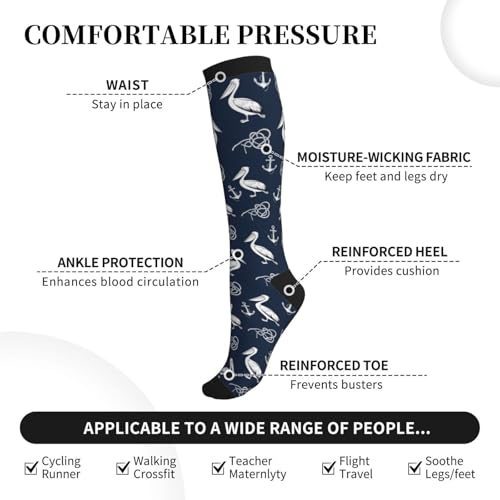 Patterned Knee High Socks for Women Men Athletic Running Travel Work - color: Coastal Nautical Pelican Anchor