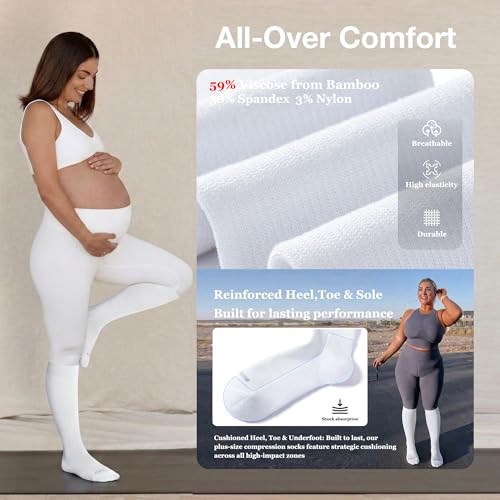 LEVSOX Bamboo Viscose Wide Calf Compression Socks 20-30 mmHg with Cushioned - color: White, size: Medium