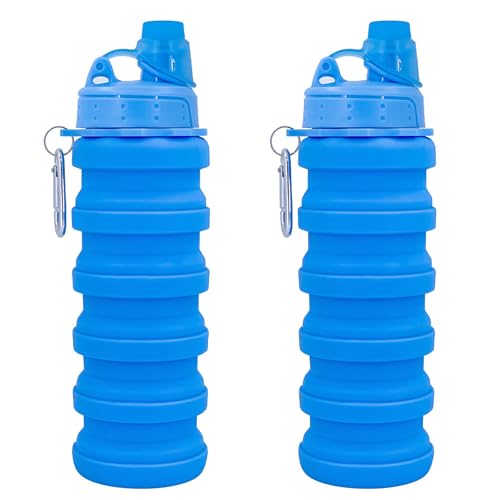 Collapsible Water Bottles Travel water bottle Sports Portable Sport Water Bottle Reusable Water Bottles comes with mountaineering Buckle 500ml silicone Water-proof camping water bottle - color: Blue+Blue, style: 2 pack