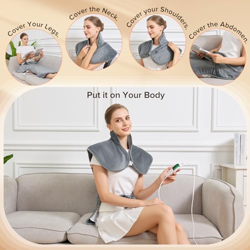 Electric Heating Pad for Neck Back Shoulder Pain Relief, 25"x37" Large Full Body Weighted Heated Pad for Menstrual Cramps - 5 Heat Levels/Snug Fit, Birthday Gifts for Women Men Mom Dad Elders - color: Gray