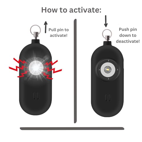 Rechargeable Personal Safety Alarm for Women. 130dB Siren. Ear-Piercingly Loud w/ Flashing LED Strobe Light Siren Keychain - color: Black