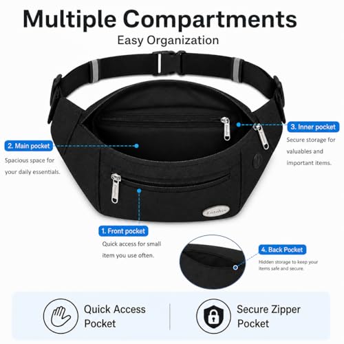 Entchin Water-Resistant Fanny Pack, 4-Zipper Belt Bag - color: Black