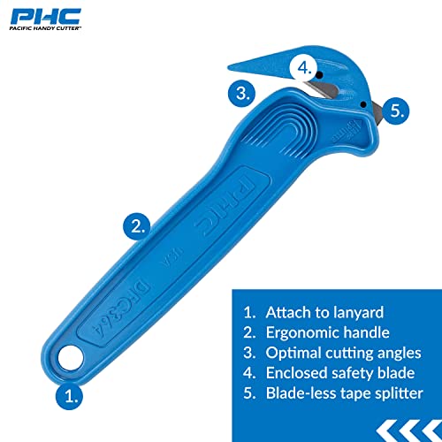 Pacific Handy Cutter Metal Detectable Disposable Film Cutter | Safety Box Cutter & Tape Splitter | Sharp & Durable Steel Blade | Perfect for Cryovac, Plastic Bags, & Shrink Wrap | Blue