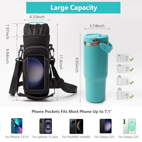 linmaya Water Bottle Carrier Bag,Water Bottle Holder with Straps Phone Pockets Fits Stanley IceFlow Owala 16/24/32/40oz Tumbler - color: Black, size: 16-40 Oz wihtout Handle