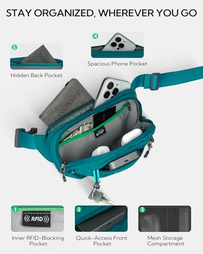 WATERFLY Small RFID Fanny Pack: 1.5L Waist Bag 12" Extender Belt for Hiking - color: Peacock Blue