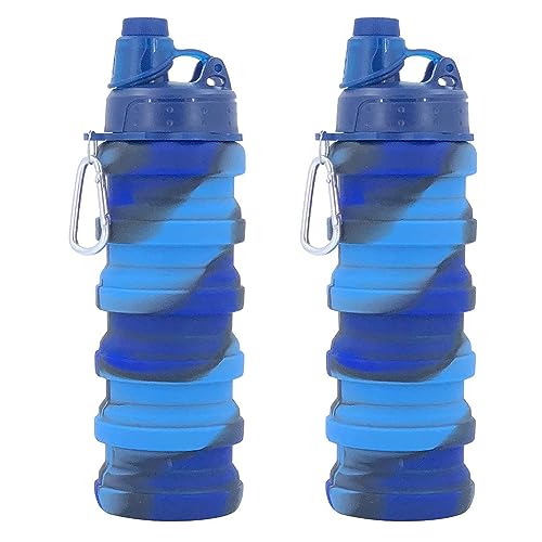 Collapsible Water Bottles Travel water bottle Sports Portable Sport Water Bottle Reusable Water Bottles comes with mountaineering Buckle 500ml silicone Water-proof camping water bottle - color: Blue+Blue camouflage, style: 2 pack