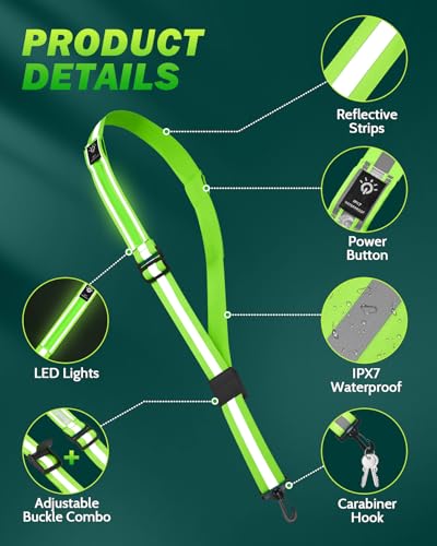 Fitense LED Reflective Belt Sash - 5 Lights Colors & 3 Light Modes High Visibility Night Safety Belt, Rechargeable Light Up Running Gear Adjustable Vest Straps for Runners Walkers Men Women - color: Green, style: Classic