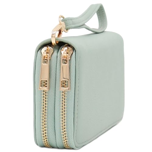 FashionPuzzle Double Zip Around PU Leather Wristlet Cell Phone Wallet - color: Mint