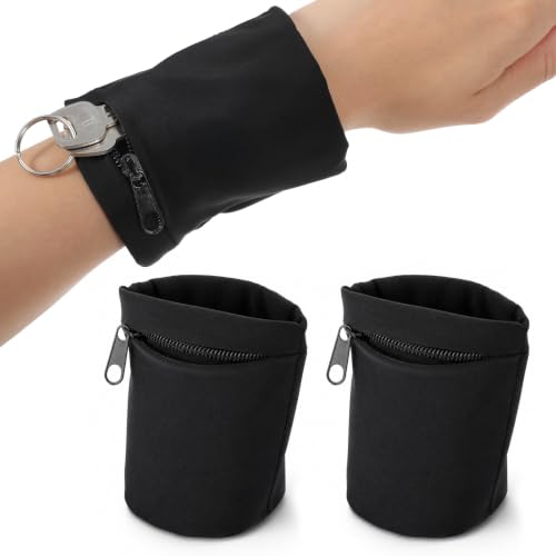 2Pcs Black Zipper Wrist Wallet, Wristband Pouch Key Card Holder