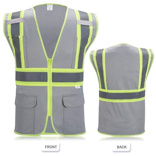 High Visibility Reflective Safety Vest with Zipper and Pockets Grey,M - color: Grey, size: Medium