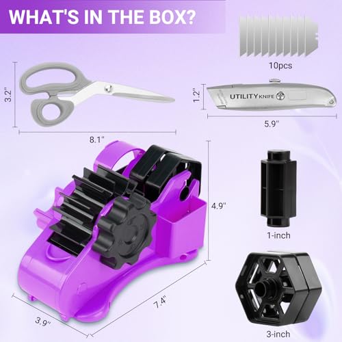 THINKLEARN Tape Dispenser with Scissors and Utility Knife, Purple - color: Purple