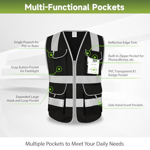 High Visibility Reflective Vest with 8 Pockets, Black S - color: Black-01, size: Small