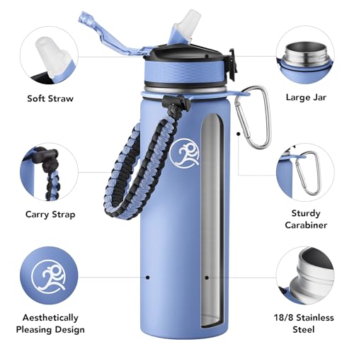 GOSWAG 24oz Insulated Stainless Steel Travel Water Bottle, 2 Lids - color: Matte Icy Blue