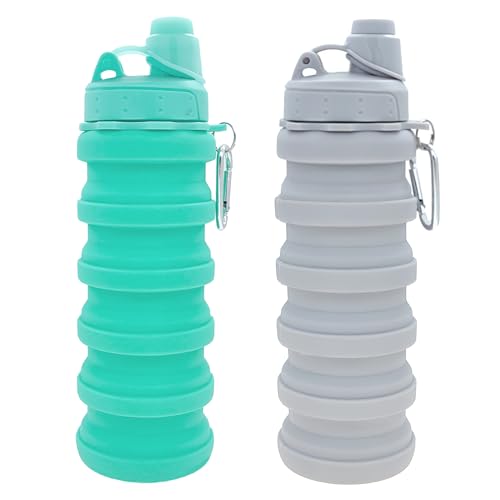 Collapsible Water Bottles Travel water bottle Sports Portable Sport Water Bottle Reusable Water Bottles comes with mountaineering Buckle 500ml silicone Water-proof camping water bottle - color: Green+Light grey, style: 2 pack