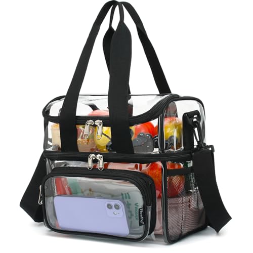 FlowFly Double Layer Cooler Insulated Lunch Bag Adult Lunch Box Large Tote Bag for Men, Women, With Adjustable Strap,Front Pocket and Dual Large Mesh Side Pockets - color: Clear#Black