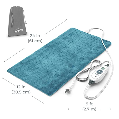 Pure Enrichment® PureRelief XL Heating Pad - 12" x 24" Electric Heating Pad for Back Pain & Cramps, 6 Heat Settings, Soft Machine Wash Fabric, Auto-Off & Moist Heat (Blue) - color: Blue