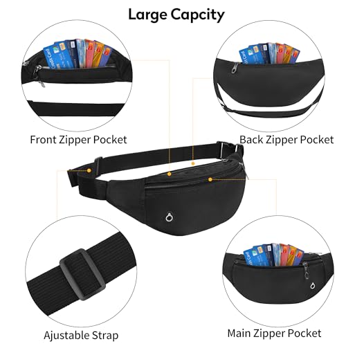 Viqueen Fashion Large Fanny Waist Pack Crossbody Belt Bag for Women and Men,Lightweight Bag with Zipper and Pockets for Running and Sports,Water Resistant,Hands Free Phone Carrying(Black) - color: Black-Lightweight