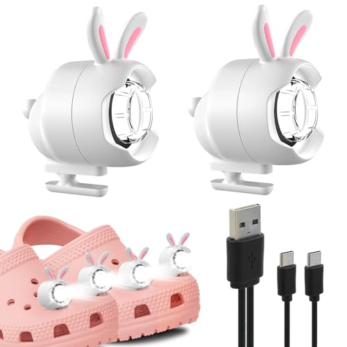 Rechargeable Shoe Charm Lights, 2PCS Cute Bunny Shoe Lights for Croc Style Shoes, IPX5 Charm Accessories with 3 Lighting Modes, Headlights for Camping Dog Walking for Kids