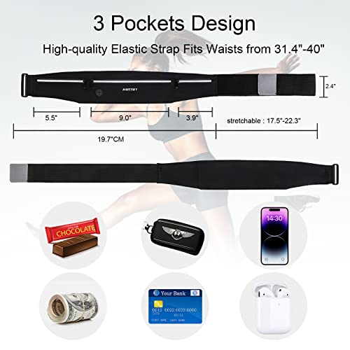 GUZACK Slim Running Belt for Phone 6.8'', Ultra Light Running Belts for Women/Men, Zipper Waterproof Running Waist Pack, Reflective Running Fanny Pack With 3 Separate pouch - color: Black