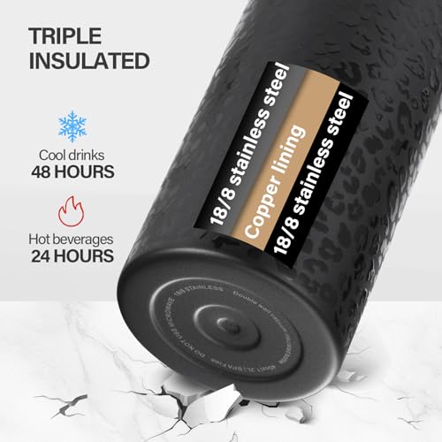 KXIAOCHEN Insulated Water Bottle with Strap, 48-Hour Cold, 2 Lids - color: Black Leoqard, size: 32 Ounces