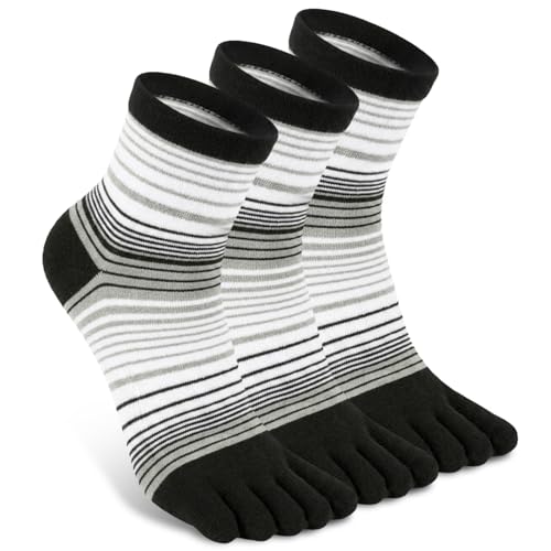 Toe Socks for Men and Women Athletic Running Coolmax Five Finger Ankle/Quarter Socks Breathable Lightweight, 3 Pairs - color: E4109# Striped, size: Large