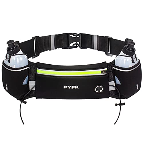 PYFK Running Belt with Water Bottles, Hydration Belt for Men and Women, Water Bottle Holder Running Pouch Water Belt, Fanny Pack Fits 7 inches Phones, Waist pack for Runner Jogging - color: green