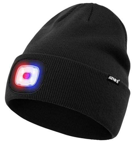ATNKE LED Lighted Beanie Hat,USB Rechargeable 4 LED Red and Blue Flashing Running Headlamp Cap Gifts for Men and Women - color: #Black