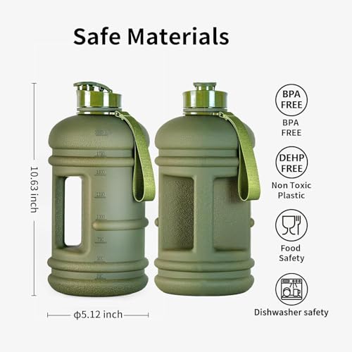 TOOFEEL 2.2 Liters Gym Big Sports Water Bottles for Men - Reusable BPA Free Plastic Clear Water Jug - Unique Water Bottles, Comfurtable to Touch and Easy to Clearn - Matte Olive Water Boottle - color: Matte Olive bottle, style: 74 oz water bottle
