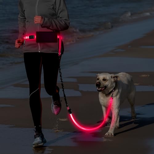 Light Up Waist Leash for Dog Walking, Hands Free LED Dog Leash with Light - color: Pink