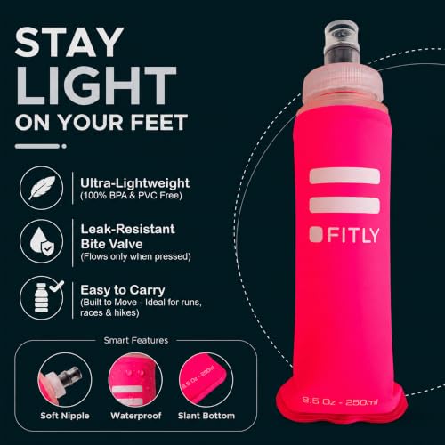 FITLY Soft Flask Running Water Bottle - Collapsible Hydration Flask - color: Pink, size: 8.5 Ounces