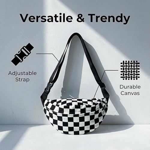 Fanny Pack For Women and Men Waist Bag Fashion Waist Packs Adjustable Belt Bag Canvas Crossbody Fanny Bag for Running Hiking Sports Exercise Travel - color: Black White