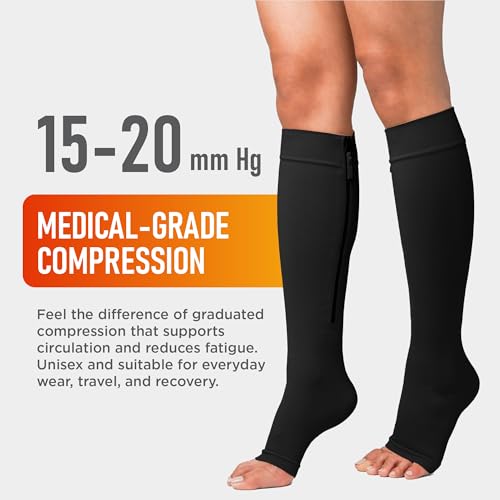 Lemon Hero Zipper Compression Socks 15-20mmHg Open Toe for Women & Men - color: Black, size: Medium