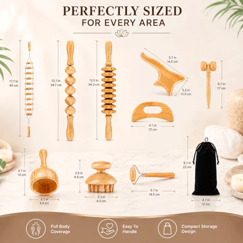 9pcs Wood Therapy Massage Tools, Lymphatic Drainage Tools, Wood Therapy Set with Carry Bag, Maderoterapia Kit, Wood Therapy Tools for Body Sculpting