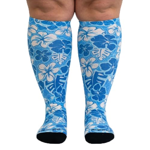Crazy Compression Over-the-Calf Socks with Fun Designs - color: Aloha Blue (Wide), size: Large-X-Large