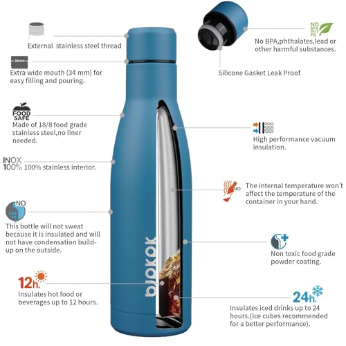 BJPKPK 17oz Skinny Insulated Water Bottle, Stainless Steel Flask - color: Sea Blue, size: 17 Ounces