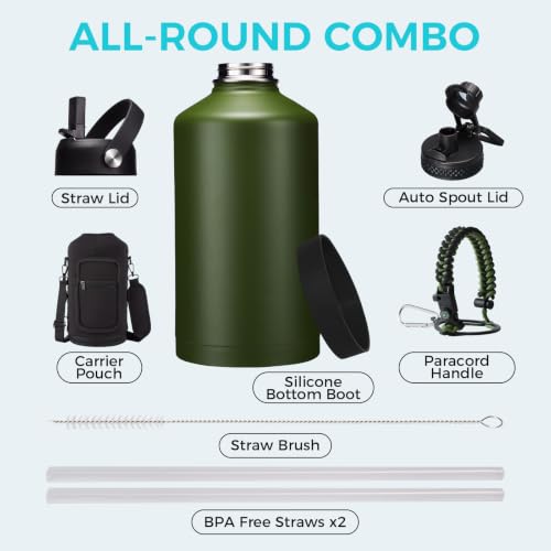 1 Gallon Insulated Stainless Steel Water Bottle with Carry Accessories - color: Army Green, size: 128 Ounces