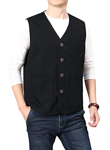 PRIJOUHE Mens Casual Cotton Vest Lightweight Outdoor Fishing Utility Vest - color: 02-black, size: XX-Large