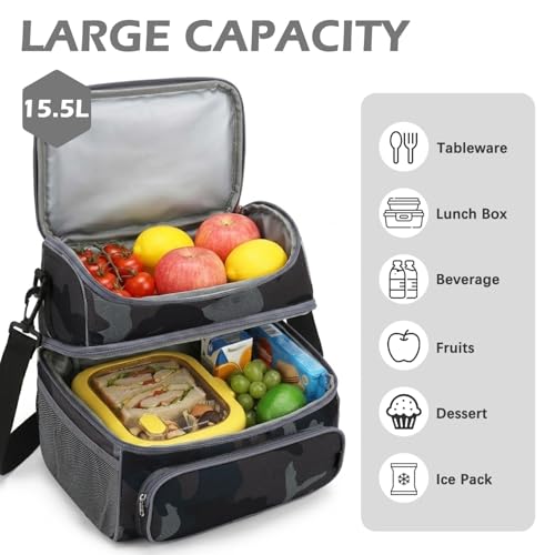 FlowFly Double Layer Cooler Insulated Lunch Bag Adult Lunch Box Large Tote Bag for Men, Women, With Adjustable Strap,Front Pocket and Dual Large Mesh Side Pockets - color: Black#Camo