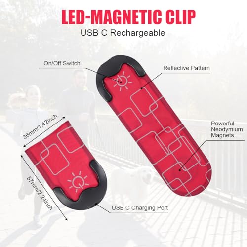 Aucuu Reflective Running Gear Set, Magnetic LED Clip Lights, Rechargeable Magnet Clip, Running Safety Lights with 3 Lighting Modes, High Visibility, Brightly Luminous for Night Running, Cycling - color: #3 Red
