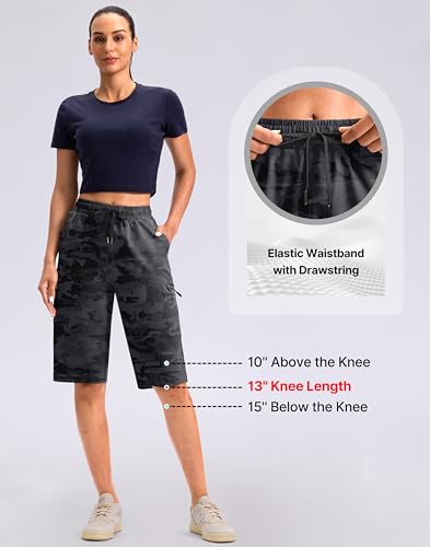 Viodia 13'' Women's Hiking Cargo Shorts Knee Length with Zipper Pockets - color: Black Camo, size: Small
