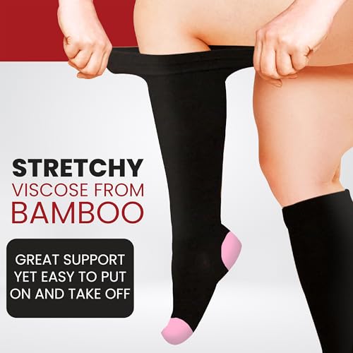 BAMS Plus Size Compression Socks Wide Calf XL XXL XXXL – Graduated Knee-High Support, Viscose from Bamboo Easy-On/Easy-Off - color: Black With Pink, size: XX-Large