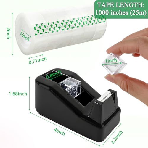 Desktop Tape Dispenser with 15 Rolls Transparent Tape, Black Desk Tape Dispenser for Home Office School, Tape and Dispenser Set for Light Duty Packaging Arts Crafts Note Repair Everyday Use