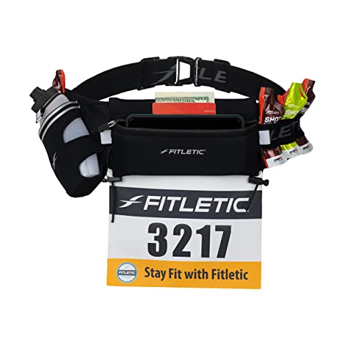 Fitletic Hydration Running Belt With 12oz Quick Flow Water Bottle For Men & Women –Race Belt, Gel Holder & Bib Toggles Patented Bounce Free Design, Water Resistant Fits All Phones –Fully Loaded - size: L/XL (35"-42")