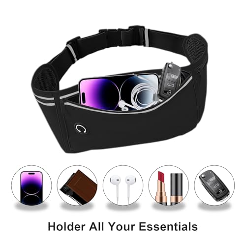 Slim Running Belt for Women Men,Runners Fanny Pack Phone Holder,Money Belt,Running Gear Accessories,with 3 Pockets(Black) - color: Black