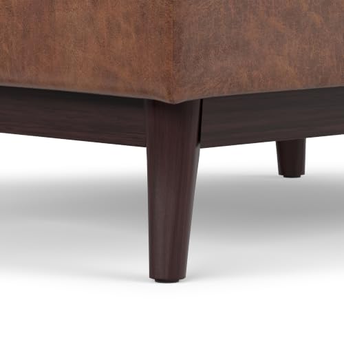 SIMPLIHOME Owen 34" Wide Vegan Leather Tray Top Ottoman in Saddle Brown - color: Distressed Saddle Brown